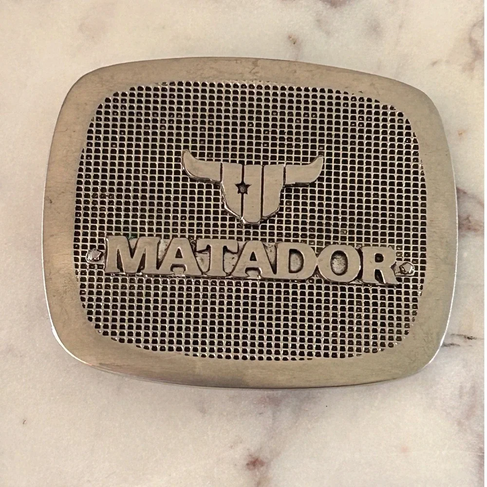 Vintage Matador Bull Logo Grid Silver Tone Western Belt Buckle Rectangular